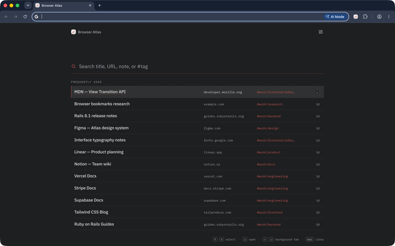 Atlas New Tab showing a bookmark search field and frequently used links